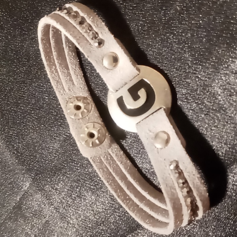 Leather bracelet monogram G with crystals gray genuine leather sz 7.0-7.5